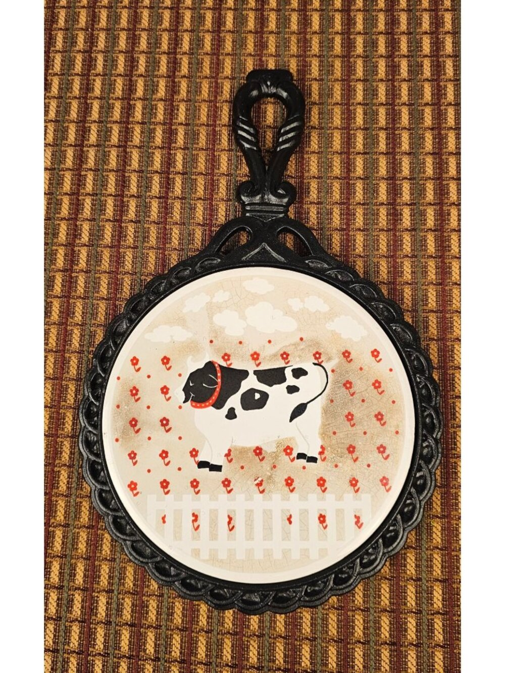 Vintage Cast Iron Trivet With Cow Design Tile Center Farmhouse Kitchen Décor Red